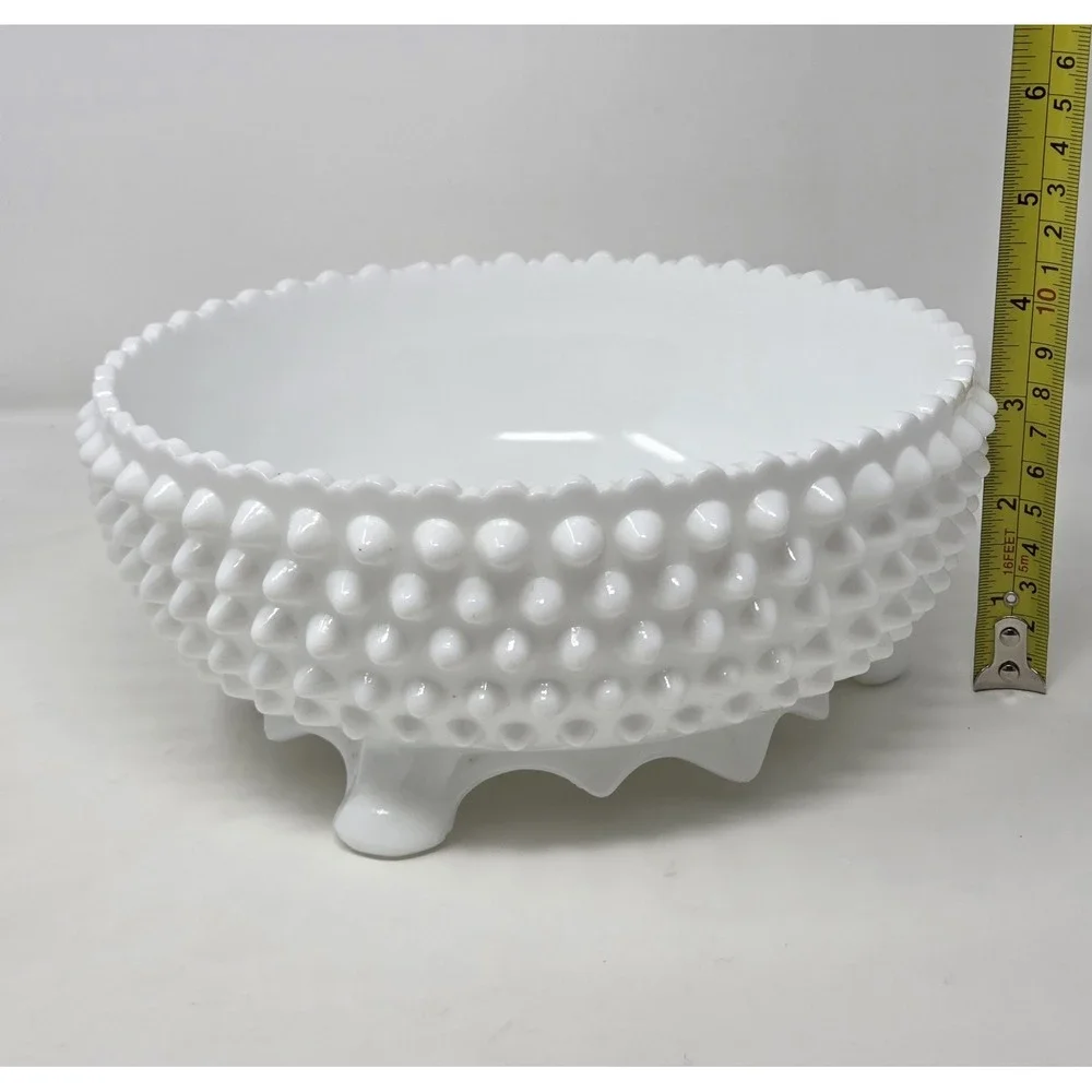 Vintage Fenton Hobnail Milk Glass 3-Toed Footed Bowl 8.5